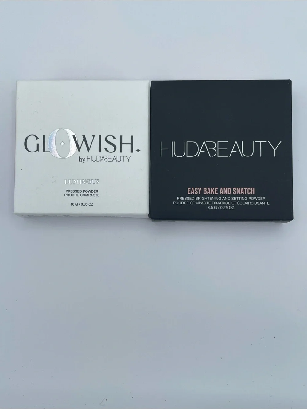 Huda Beauty Glowish Pressed Powder in Light & Easy Bake & Snatch Pressed Powder